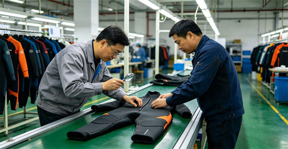 Two Asian quality control workers inspecting dry suits on production line checking seams, zippers, and material integrity before shipment. demonstrating quality control and compliance with international safety standards