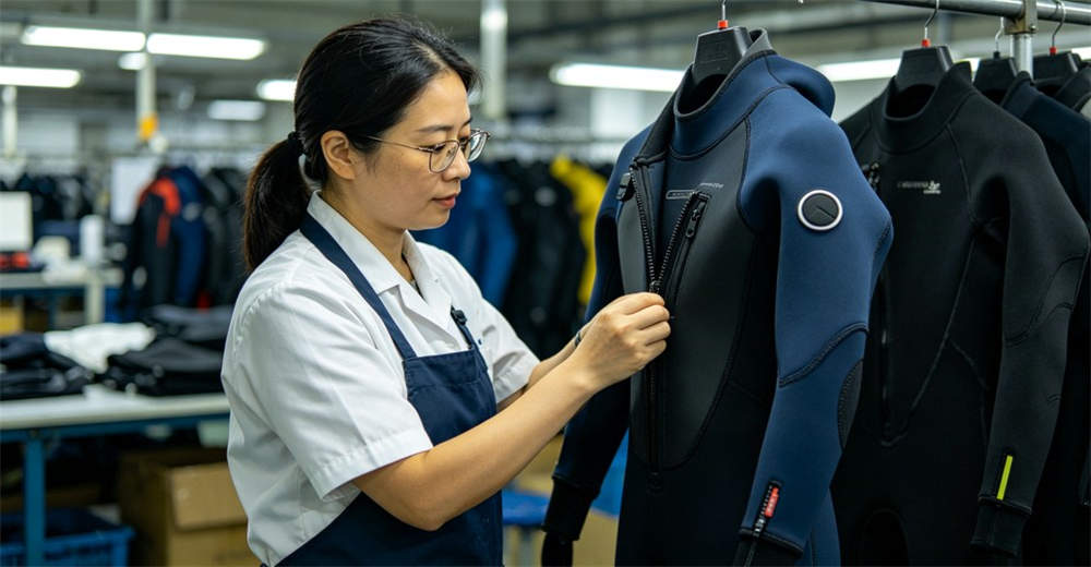 Quality control team confirming pre-production sample of custom dry suit checking stitching, logo, and measurements against client specifications. supporting OEM and ODM requirements for brand owners and wholesale distributors