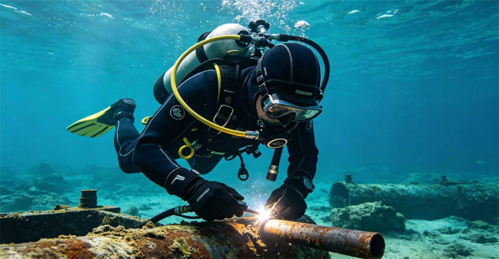 Commercial diver in neoprene wetsuit performing underwater inspection work on marine structure with professional diving equipment. built for commercial underwater work and professional diving operations
