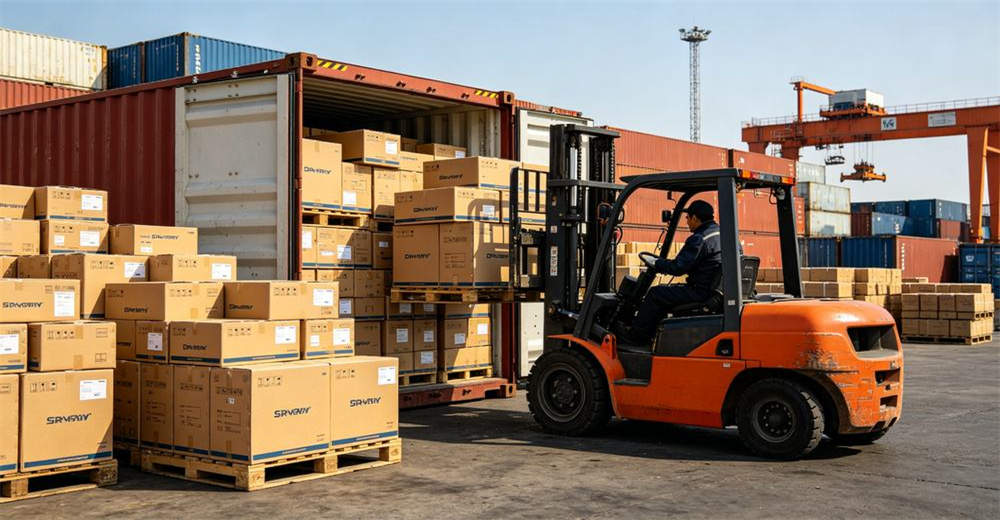 Bulk shipment of dry suits being loaded into shipping container with pallets and cartons for international wholesale export delivery. ensuring safe transport and timely delivery for international wholesale orders
