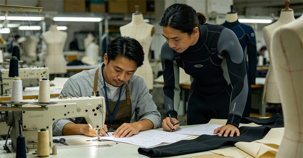 Custom dry suit prototype sample in development with designer reviewing pattern, material, and construction before bulk production. supporting OEM and ODM requirements for brand owners and wholesale distributors