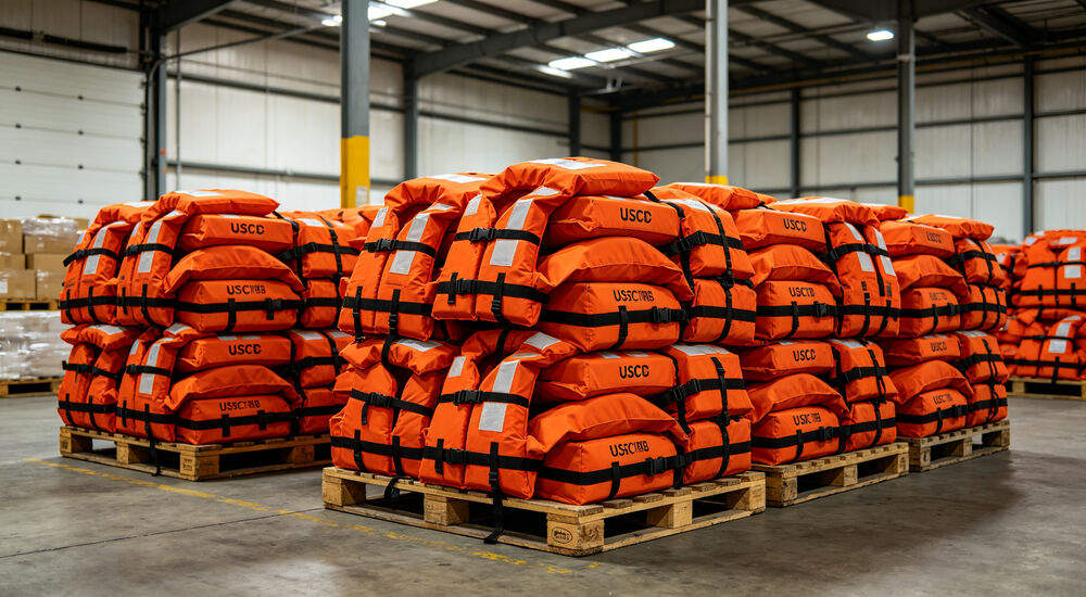 Stack of orange USCG approved life jackets on warehouse pallets ready for bulk flood supplies orders