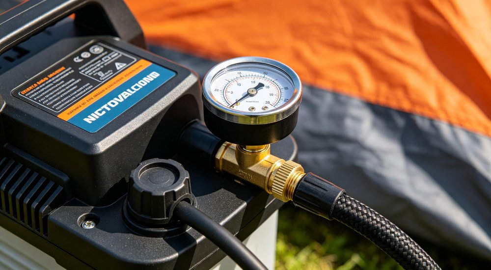 Electric air pump for inflatable tent, portable pump with hose, product shot red and white inflatable emergency shelter for disaster relief operations