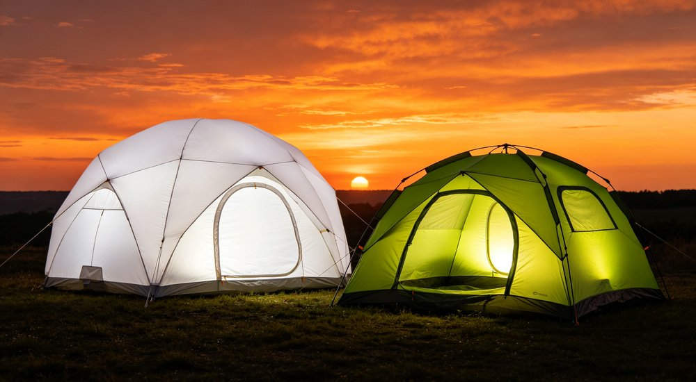 Night operation showing both inflatable and frame tents with lighting, comparison red and white inflatable emergency shelter for disaster relief operations