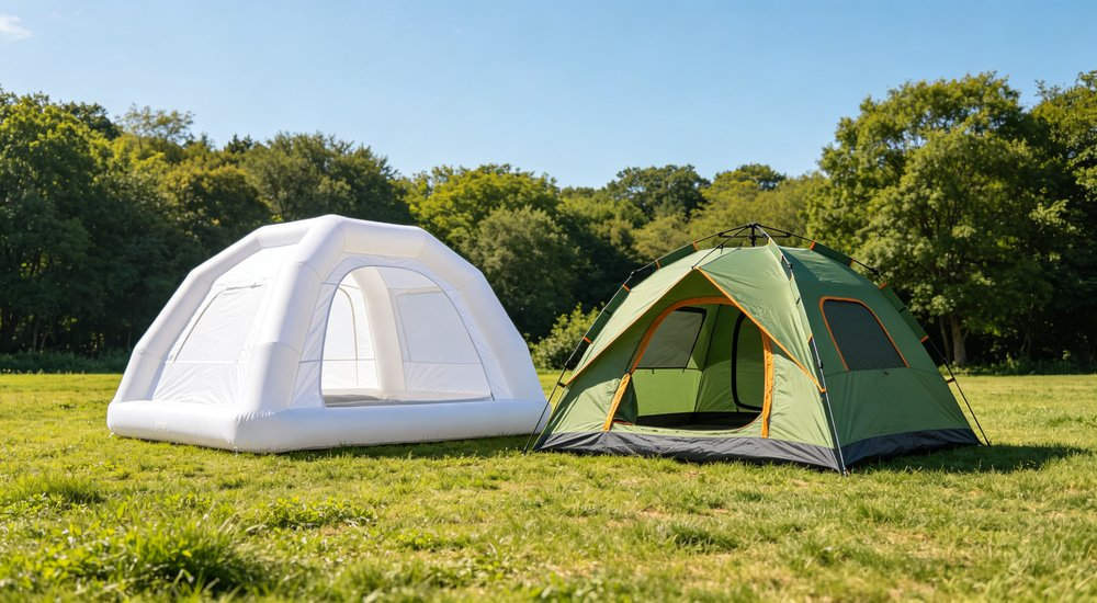 FAQ comparison of inflatable vs frame tent showing side by side difference, green grass, blue sky red and white inflatable emergency shelter for disaster relief operations