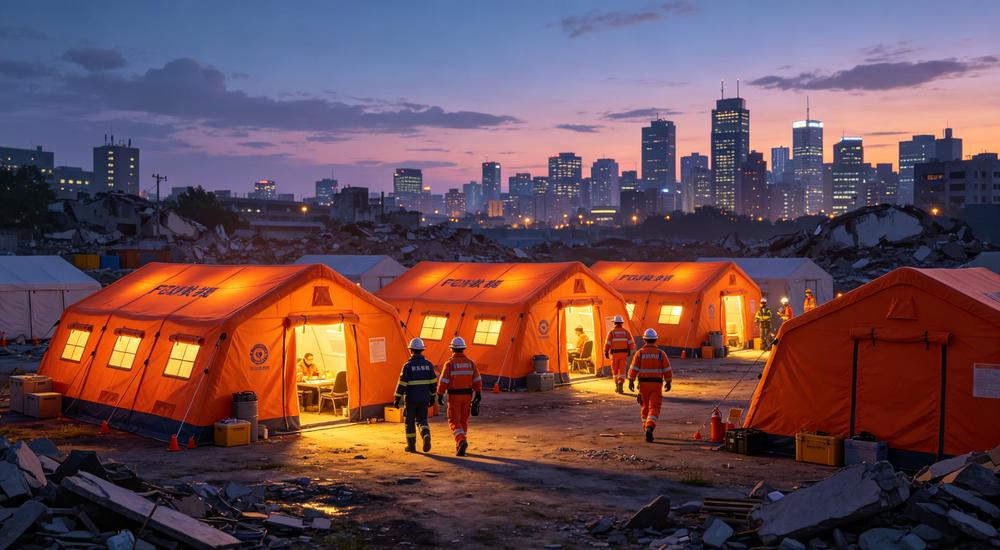 Evening view of relief tent camp with orange tents, emergency shelter solutions for NGO procurement and government earthquake response programs worldwide