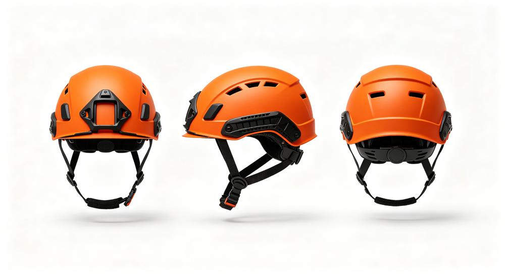 Rescue safety helmet shown from four angles, top quality PPE for earthquake emergency kit, available in bulk wholesale for relief organizations