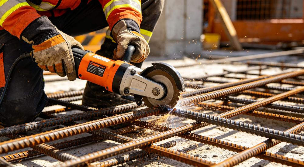 Hydraulic cutter cutting steel rebar, powerful rescue tool used by search and rescue teams during earthquake disaster relief operations worldwide