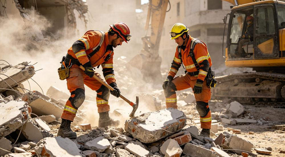 Two rescue workers on rubble site, working together with proper PPE from earthquake emergency kit, typical scene during disaster relief missions