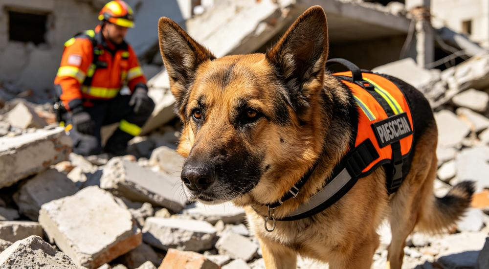 Search dog closeup wearing rescue vest, canine units work alongside human teams as part of comprehensive earthquake disaster relief operations