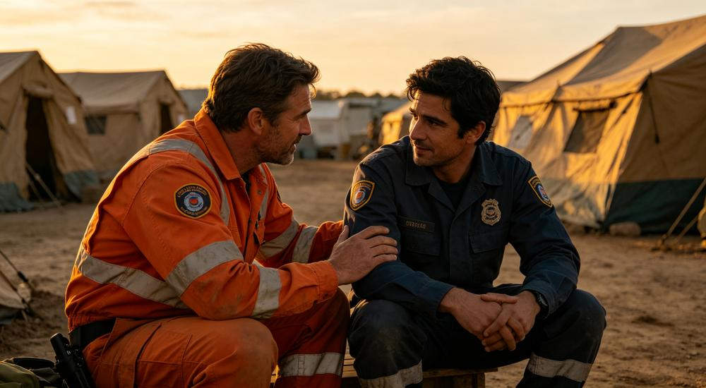 Two rescue workers peer support at relief camp, mental health is often overlooked in earthquake emergency kit planning but critical for team wellbeing