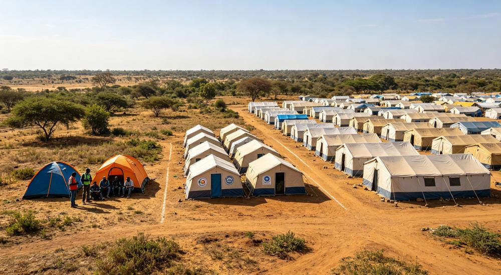 Three relief camp sizes comparison, from small local teams to large government operations, bulk sourcing scales with earthquake response needs