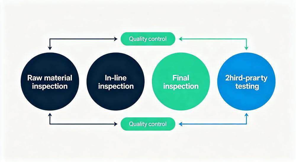 Quality control process flowchart, four step inspection ensures disaster relief supplies meet standards for NGO procurement and government contracts
