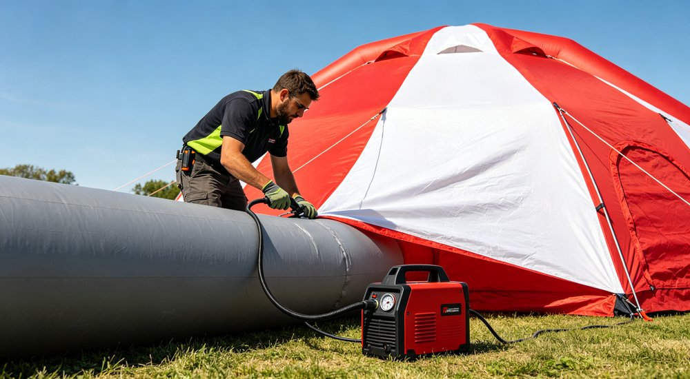 Pressure test of air beam, worker checking inflation, green grass red and white inflatable emergency tent for disaster relief operations