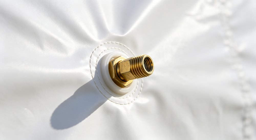 Inflation valve detail on air beam, close-up product shot red and white inflatable emergency tent for disaster relief operations red and white inflatable emergency tent for disaster relief operations