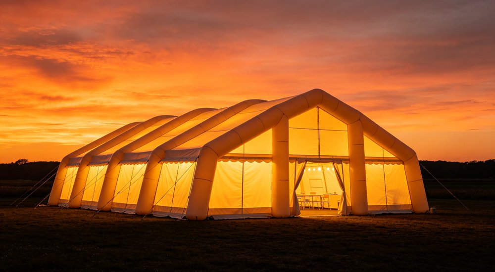 Night operation of air beam tent with interior lighting, workers on duty red and white inflatable emergency shelter for disaster relief operations