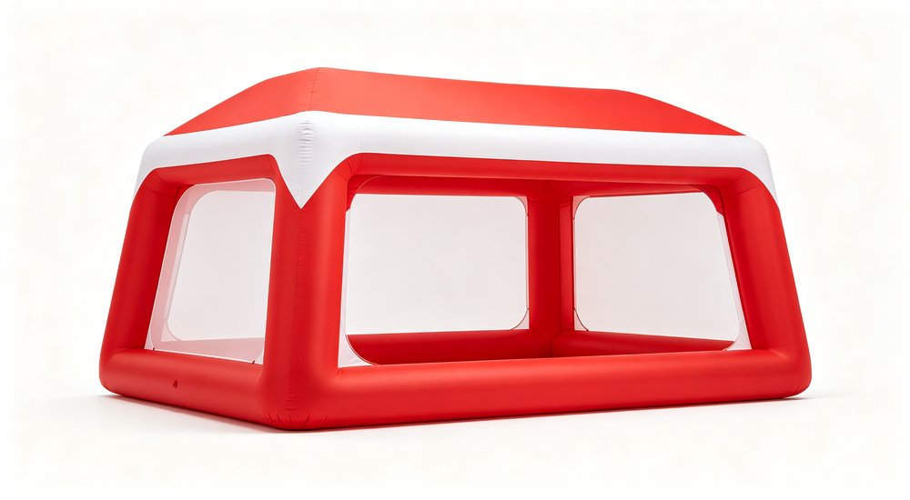 Air beam tent on white background, product photography, red and white red and white inflatable emergency shelter for disaster relief operations