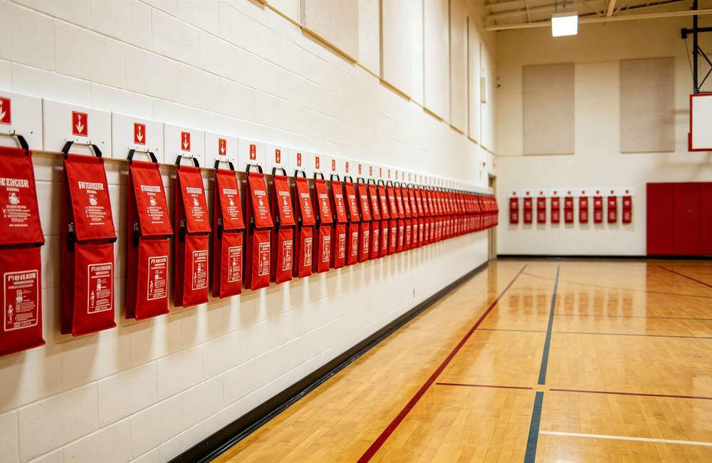 School gymnasium walls lined with fire blankets mounted at eye level for quick access during fire emergency in community shelter today School gymnasium walls lined with fire blankets mounted at eye level for quick access during fire emergency in community shelter today