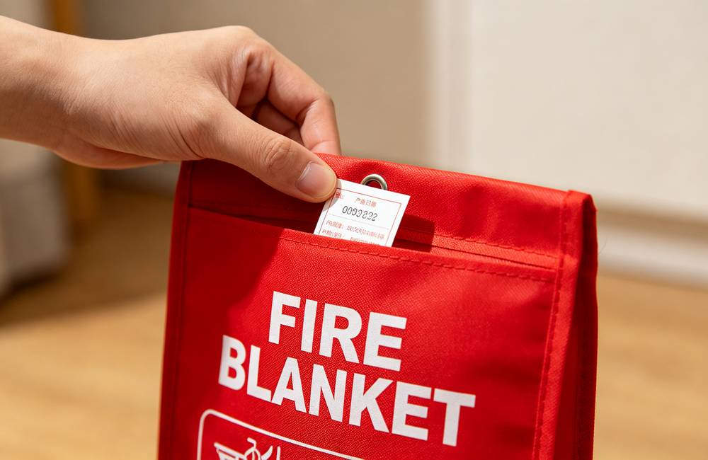 Close up of English FIRE BLANKET label on storage pouch showing CE EN1869 certification details for bulk fire blanket orders today Close up of English FIRE BLANKET label on storage pouch showing CE EN1869 certification details for bulk fire blanket orders today