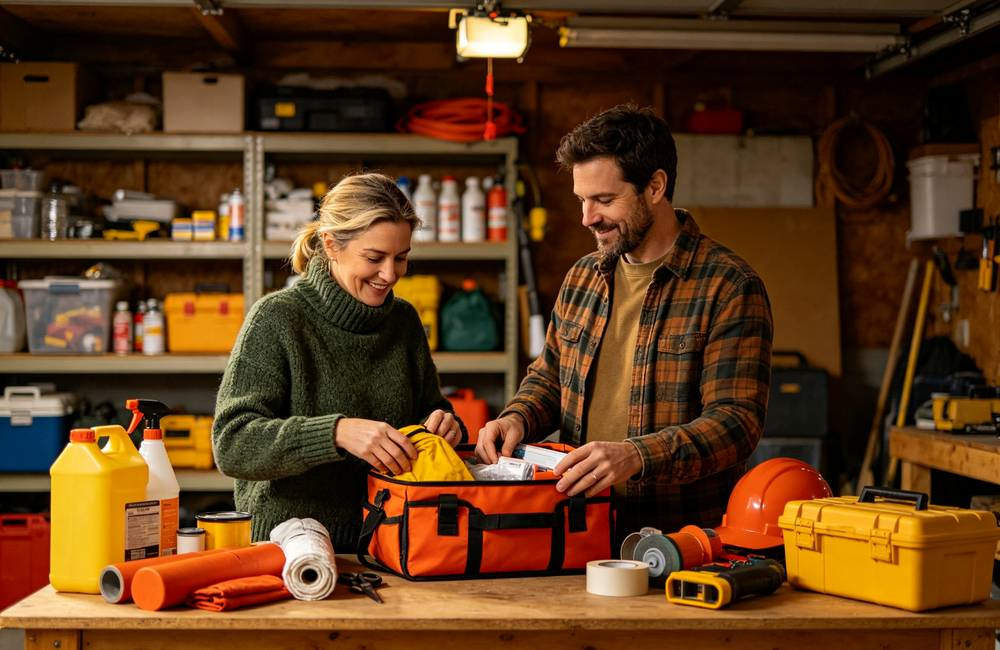 Family preparing home fire emergency kit together in garage for residential fire safety readiness and home fire prevention today Family preparing home fire emergency kit together in garage for residential fire safety readiness and home fire prevention today