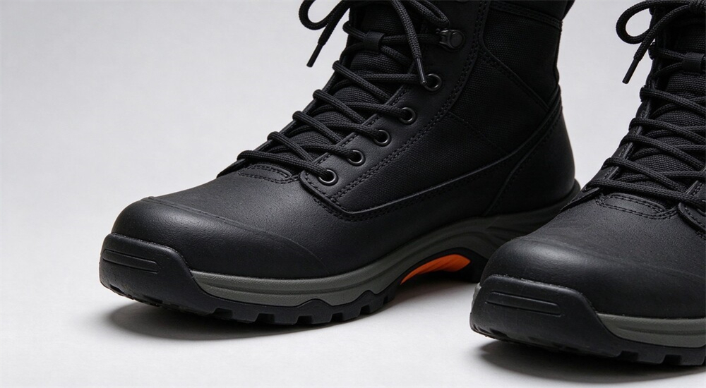 Reinforced toe and heel rubber bumper on flood rescue boots, protective cap against debris kicks, waterproof boots for rough urban rubble ground