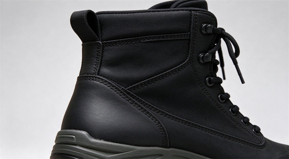Back ankle panel and heel reinforcement on flood rescue boots close up, synthetic leather wear layer stitched to neoprene shell Back ankle panel and heel reinforcement on flood rescue boots close up, synthetic leather wear layer stitched to neoprene shell