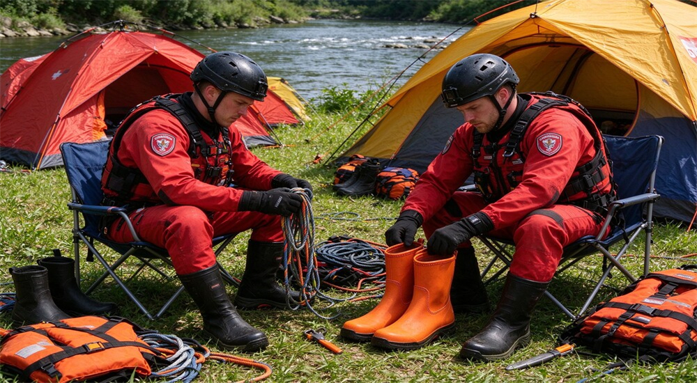 Rescuer checking rescue boots and gear at riverside camp between calls