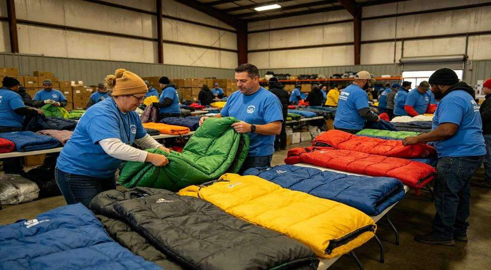 Wide angle view of disaster relief distribution center volunteers handing out colorful sleeping bags warehouse Wide angle view of disaster relief distribution center volunteers handing out colorful sleeping bags warehouse