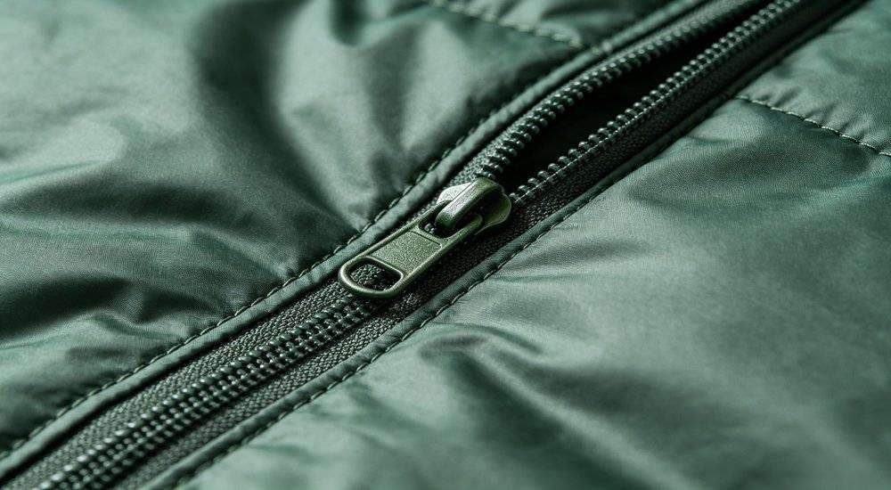 Close up detail of durable sleeping bag fabric texture and heavy duty zipper stitching institutional quality Close up detail of durable sleeping bag fabric texture and heavy duty zipper stitching institutional quality