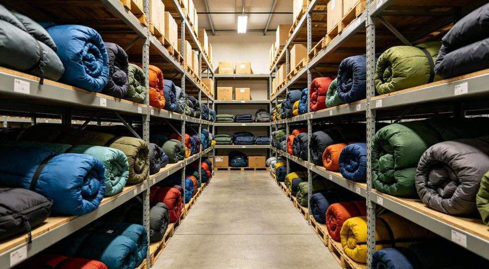 Wide angle view of organized warehouse storage room with sleeping bags stacked on metal shelves inventory Wide angle view of organized warehouse storage room with sleeping bags stacked on metal shelves inventory