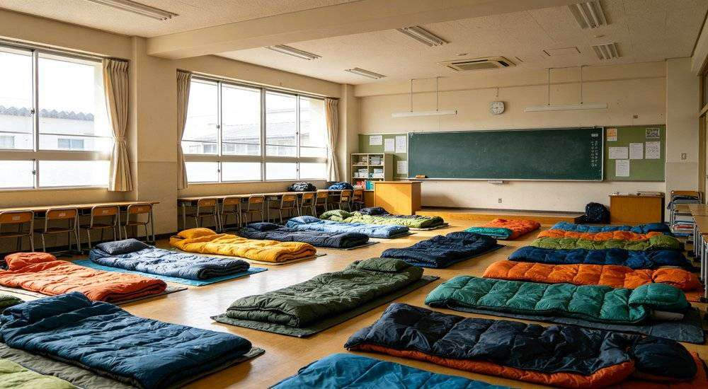 Wide angle view of school classroom converted to emergency shelter sleeping bags for students on floor Wide angle view of school classroom converted to emergency shelter sleeping bags for students on floor