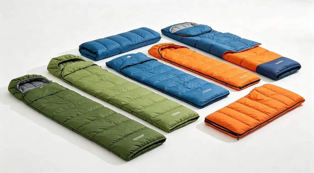 Wide angle view of various institutional sleeping bags with different configurations on white background Wide angle view of various institutional sleeping bags with different configurations on white background