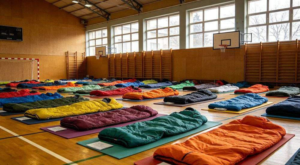 Wide angle view of indoor gymnasium sleeping area colorful sleeping bags with personal mats comfort Wide angle view of indoor gymnasium sleeping area colorful sleeping bags with personal mats comfort