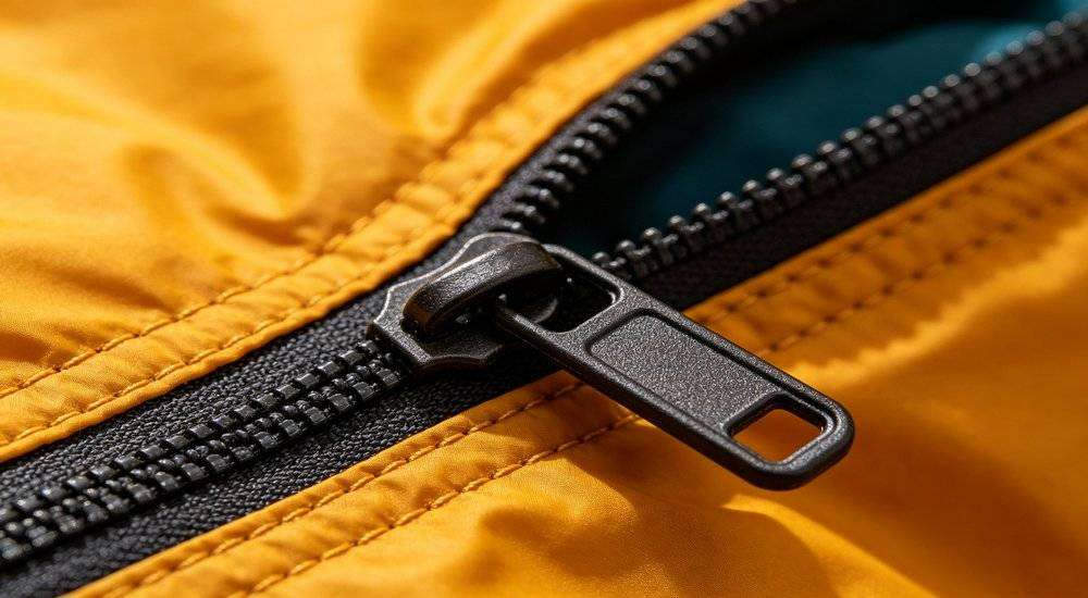 Close up of heavy duty sleeping bag zipper for high traffic use durable pull reinforced stitching macro