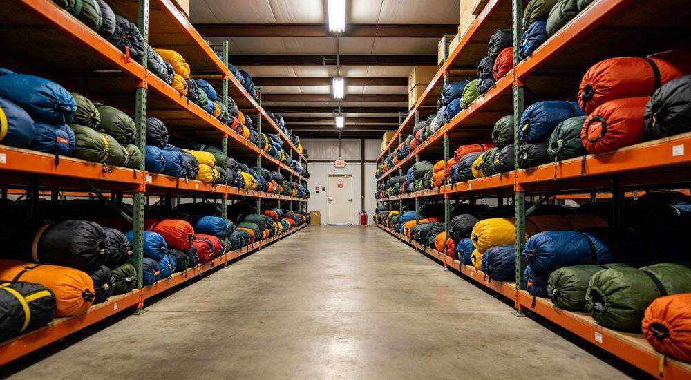 Wide angle view of long term sleeping bag reserve storage climate controlled warehouse emergency preparedness Wide angle view of long term sleeping bag reserve storage climate controlled warehouse emergency preparedness
