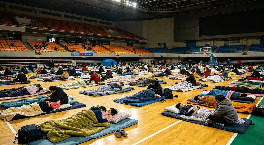 Wide angle view of emergency evacuation sports arena families resting on sleeping bags large indoor shelter Wide angle view of emergency evacuation sports arena families resting on sleeping bags large indoor shelter