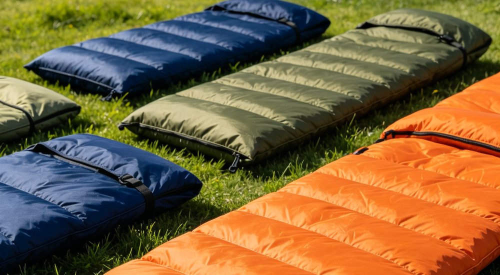 Wide angle aerial view of disaster relief sleeping bags in navy blue orange and olive green colors arranged neatly on green grass field under bright blue sky with white clouds for emergency response