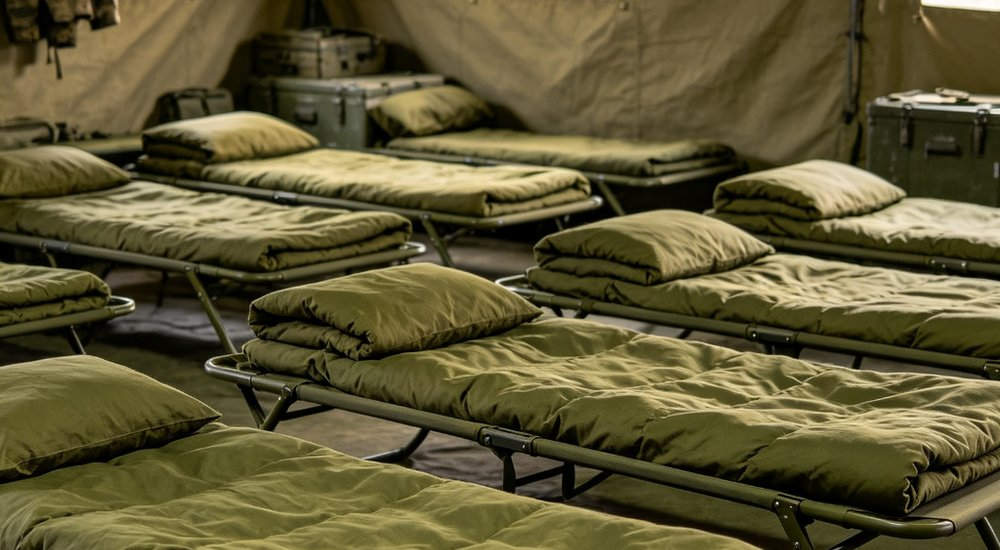 Interior wide angle view of military camp with olive green sleeping bags arranged on metal cots inside large army tent showing institutional use case for troop accommodation and field operations