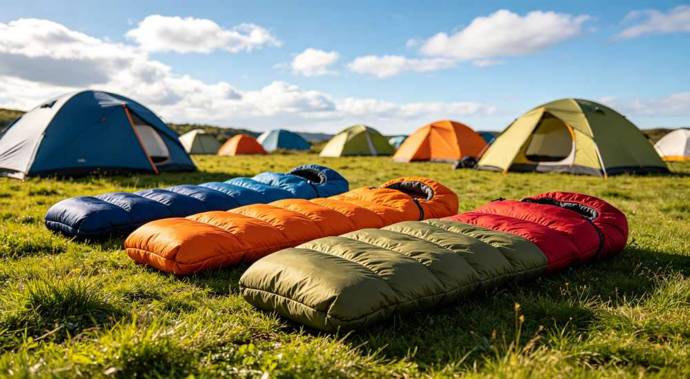 Camping scene at sunset with two sleeping bags one navy blue one orange placed outside tent near campfire with mountains in background and warm orange purple sky for outdoor lifestyle adventure photography professional