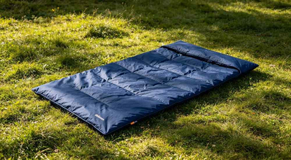 Envelope style sleeping bag fully opened flat as blanket in navy color on green grass versatile usage configuration showing blanket mode outdoor natural light product lifestyle