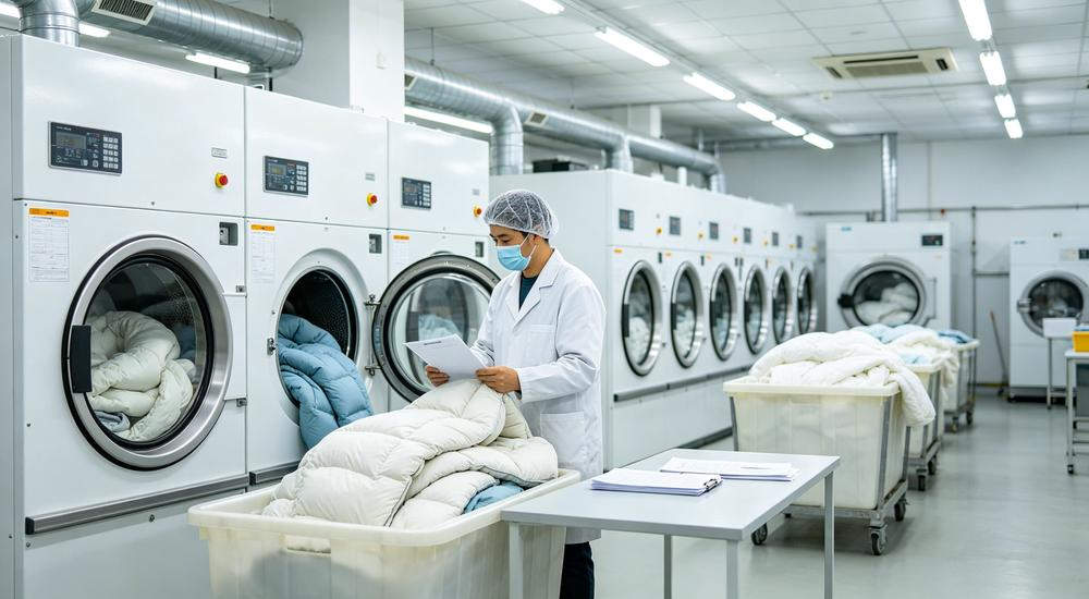 Industrial washing machine cleaning sleeping bags in commercial laundry facility for institutional hygiene maintenance and professional detailed cleaning protocol documentation