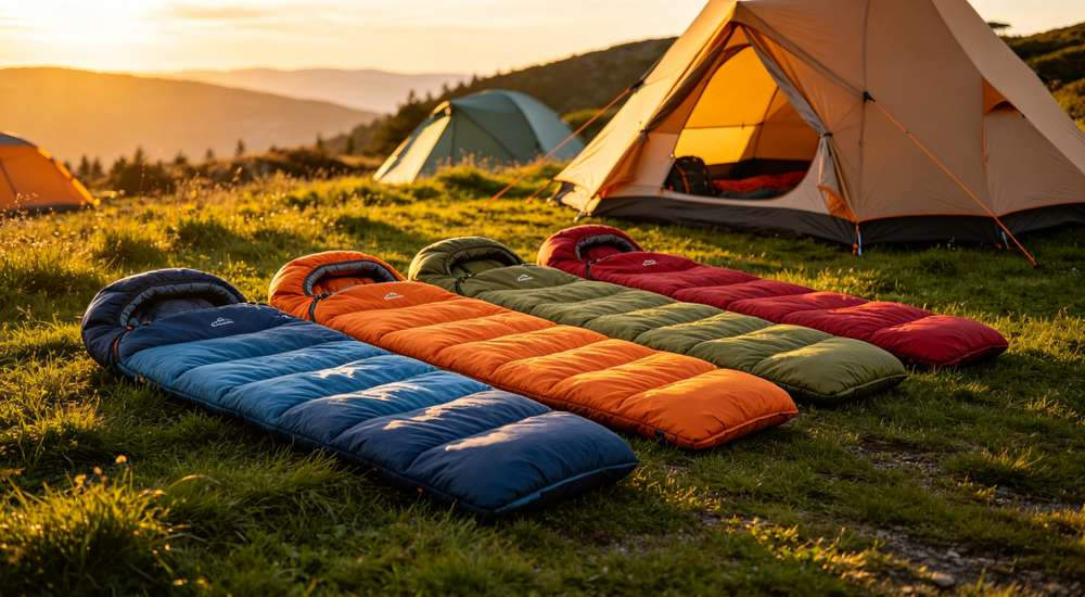 Professional product photography with multiple colorful sleeping bags in navy blue orange olive green and red arranged on green grass outside camping tent sunset golden hour lighting tents visible in background sleeping bags properly laid.
