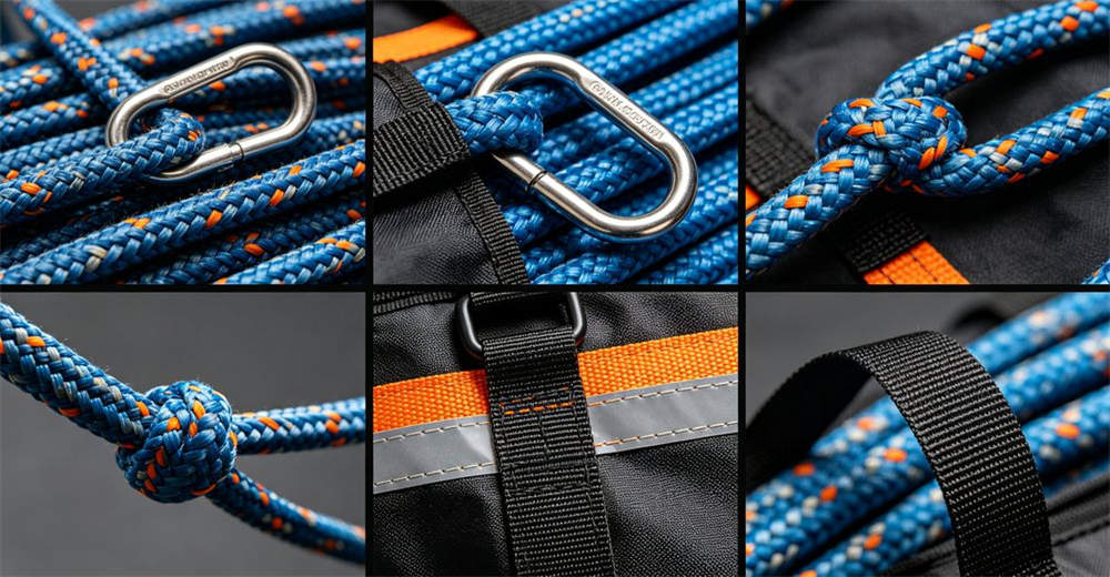 Hero flat lay of water rescue rope family main product shot with orange ropes and bags centered on white background for professional water rescue operations