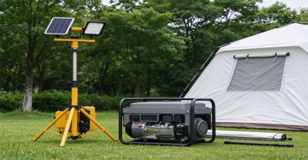 Flat lay product family of emergency relief equipment including solar lanterns, hand-crank radios, flashlights and power banks, showing off-grid emergency power supplies for refugee camps and disaster response