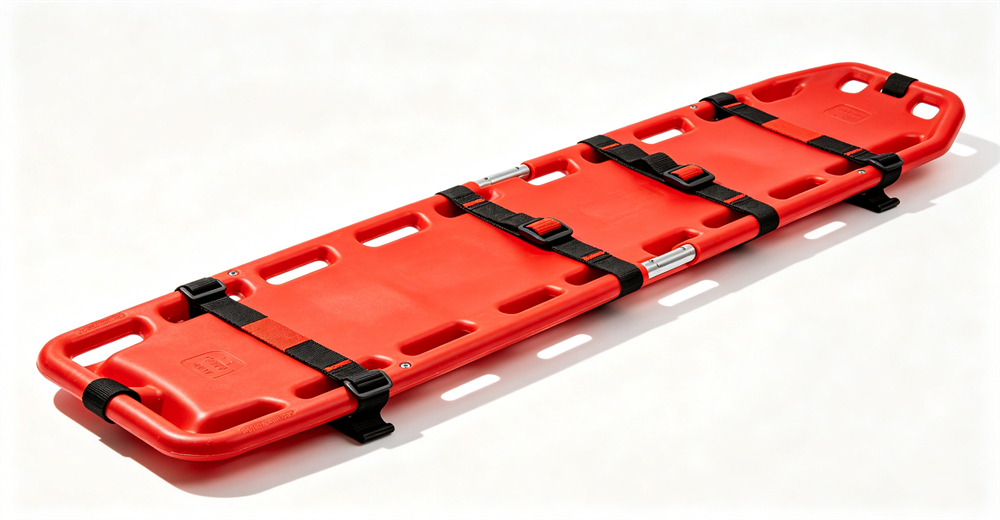 Detailed closeup of orange vacuum rescue stretcher manual hand pump and air valve assembly on white examination table for wholesale bulk water rescue equipment supply