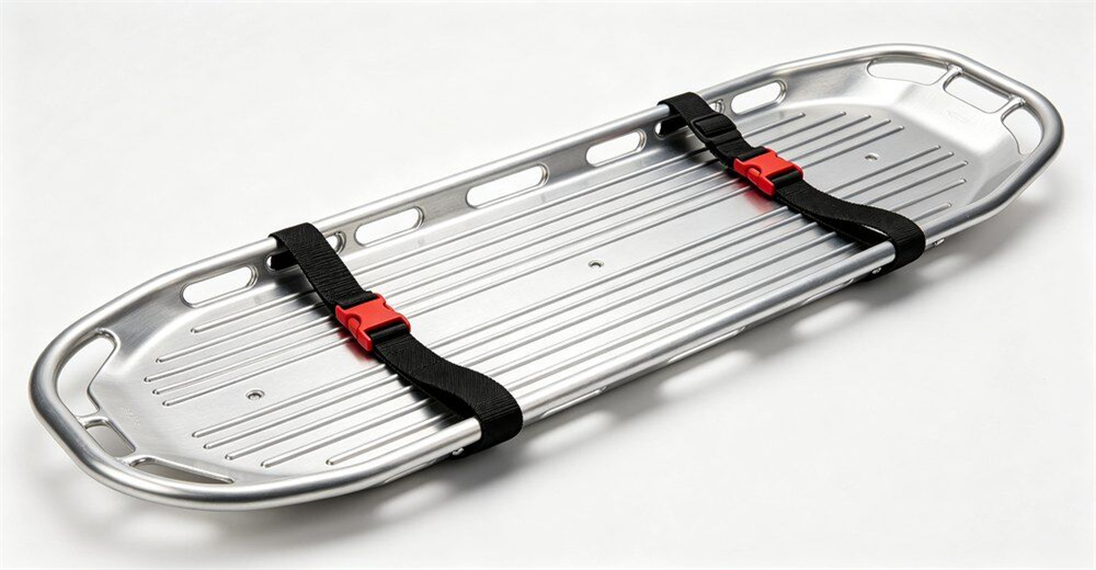 Foldable canvas stretcher being carried by two rescue workers during outdoor emergency response drill for wholesale bulk water rescue equipment supply