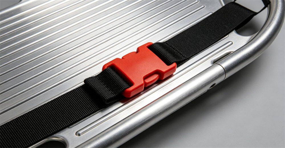 Closeup of sked rescue stretcher front rescue rope attachment points and reinforced nylon webbing for wholesale bulk water rescue equipment supply