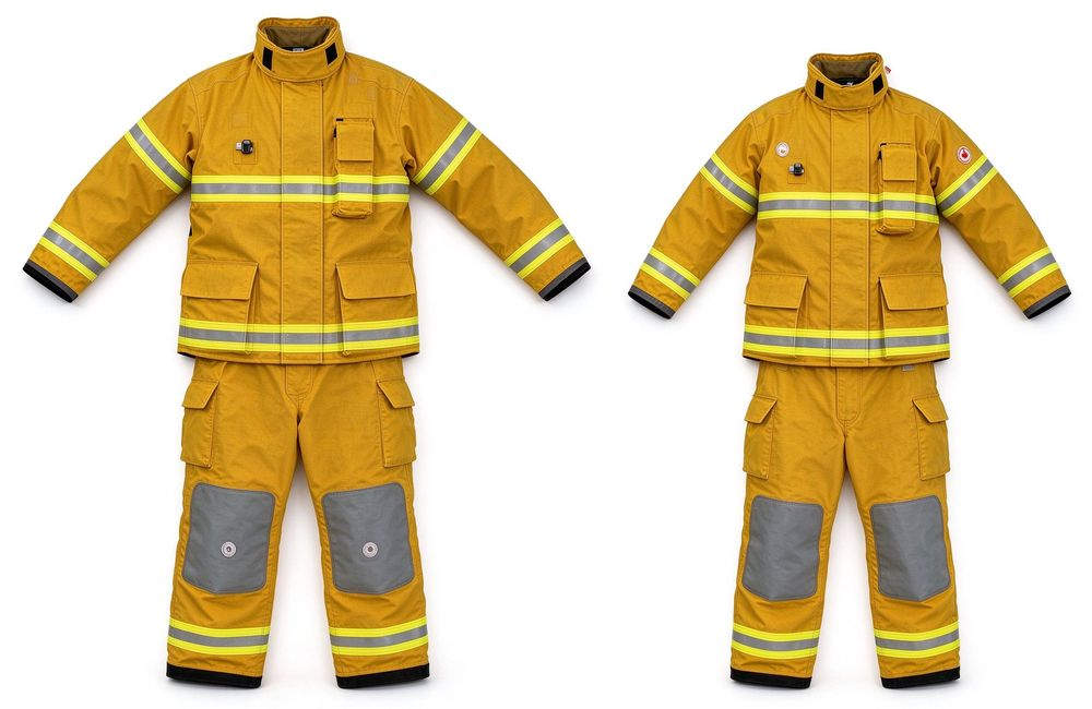 Side view of turnout gear set with hood gloves helmet complete ensemble NFPA 1971, yellow reflective ensemble firefighter turnout gear bulk supplier for firefighter turnout gear wholesale buyers