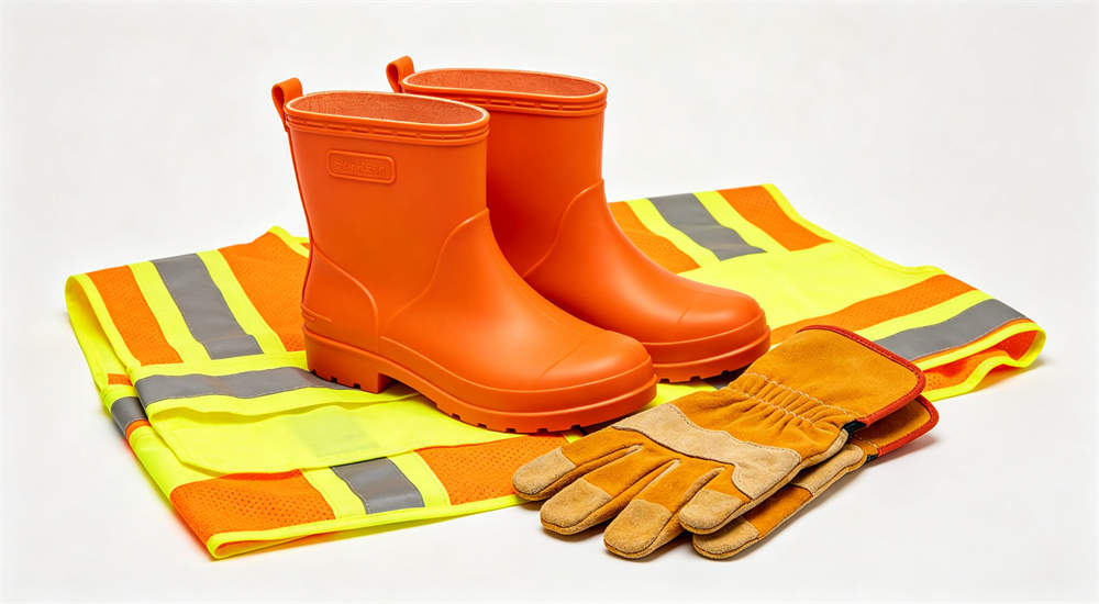 Work boots safety gloves and reflective safety vest arranged together, complete PPE gear set for emergency response, product photography for bulk safety supplies
