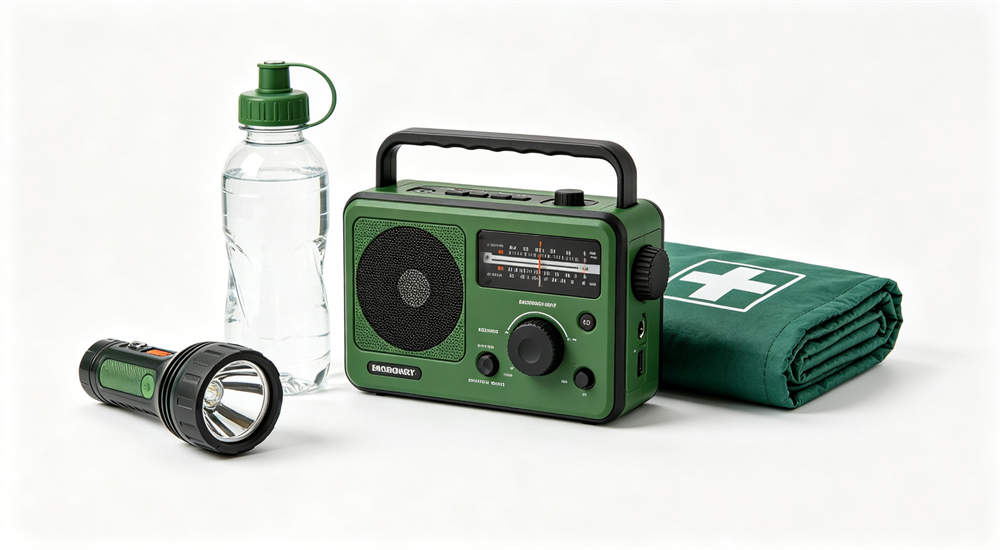 Basic emergency kit set displayed on white background showing flashlight radio water bottle first aid blanket, starter hurricane kit configuration for small NGOs